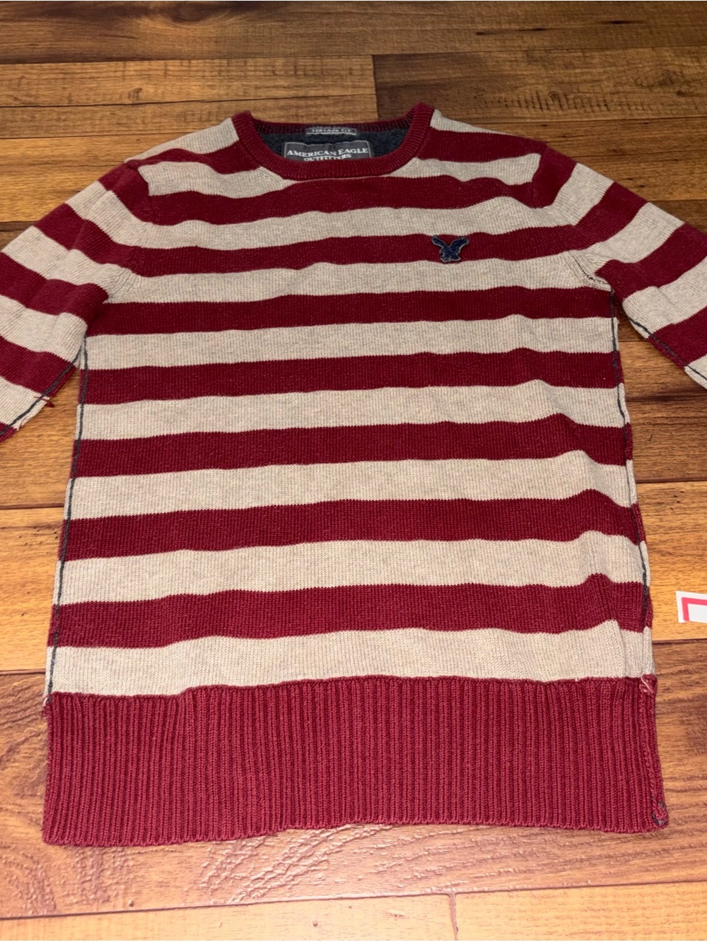 American Eagle Outfitters Men's Burgundy and Cream Striped Crewneck Sweater